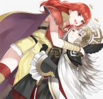  armor aym_(ash3ash3ash) cape celica_(fire_emblem) crown dress fire_emblem fire_emblem_echoes:_mou_hitori_no_eiyuuou fire_emblem_gaiden fire_emblem_heroes gloves grey_hair hair_ornament highres hug long_hair looking_at_viewer multiple_girls open_mouth red_eyes red_hair short_hair simple_background smile thighhighs veronica_(fire_emblem) weapon 