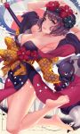  armpits arms_behind_head arms_up bangs bare_shoulders barefoot black_kimono blue_eyes blush breasts calligraphy_brush cleavage collarbone commentary fate/grand_order fate_(series) feet fine_art_parody flower giant_brush hair_flower hair_ornament hairpin highres hips ink japanese_clothes katsushika_hokusai_(fate/grand_order) kimono l.bou legs looking_at_viewer md5_mismatch medium_breasts nihonga obi octopus off_shoulder open_mouth paintbrush parody purple_hair red_kimono sash shiny shiny_hair short_hair smile solo swept_bangs thighs tokitarou_(fate/grand_order) ukiyo-e wide_sleeves 