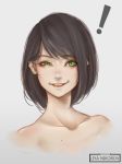  1girl artist_name bangs bare_shoulders black_hair collarbone eyeshadow face green_eyes grey_background highres liya_nikorov looking_at_viewer makeup mole mole_under_eye original parted_lips short_hair smug solo swept_bangs 