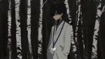  black_hair black_sweater closed_mouth hair_over_one_eye hands_in_pockets hirota_tsuu labcoat long_sleeves male_focus name_tag one_eye_covered original solo standing sweater tree 