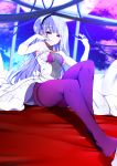  ajax_(azur_lane) azur_lane bare_shoulders breasts bridal_veil bride choker commentary_request dress earrings elbow_gloves eyebrows_visible_through_hair formal gloves highres jewelry long_hair looking_at_viewer manabebebe navel pantyhose photo_background purple_hair see-through shoe_dangle small_breasts smile solo strapless strapless_dress taut_clothes taut_dress thighband_pantyhose thighs veil wedding_dress white_gloves 