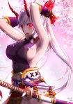 areola_slip areolae armpits bare_shoulders breasts cherry_blossoms commentary contrapposto covered_nipples cowboy_shot dated fate/grand_order fate_(series) gloves highres horns katana large_breasts long_hair looking_at_viewer mouth_hold panties ponytail red_eyes sideboob signature solo sword tomoe_gozen_(fate/grand_order) tying_hair underwear weapon white_hair white_panties yoruhasu_gekkei 