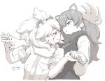  animal_ears artist_name bangs closed_mouth commentary eyebrows_visible_through_hair fur_collar holding_hands interlocked_fingers kemono_friends lion_(kemono_friends) lion_ears long_hair long_sleeves looking_at_another medium_hair monochrome moose_(kemono_friends) moose_ears multiple_girls necktie oono_tsutomu parted_lips shirt short_sleeves signature smile standing yuri 