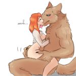  2018 anthro anthro_penetrating_human blue_eyes blush breasts brown_fur canine claws clothing cowgirl_position female female_on_anthro fluffy fur hair human human_on_anthro interspecies larger_male licking lila_(kashiwagi_aki) male male/female mammal muscular nipples on_top penetration red_hair sex shirt simple_background sitting size_difference tongue tongue_out vaginal vaginal_penetration wolf zinovy 