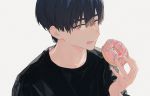  black_hair black_shirt doughnut food grey_background hand_up hirota_tsuu holding looking_at_viewer male_focus open_mouth original pink_eyes shirt simple_background solo upper_body 