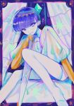  43_pon androgynous bangs blue_eyes blue_hair blunt_bangs border colored_eyelashes crystal curtains eyebrows_visible_through_hair gem golden_arms heterochromia highres houseki_no_kuni looking_at_viewer phosphophyllite phosphophyllite_(ll) short_hair sitting smile solo spoilers sword weapon white_eyes 