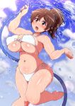  bikini blush breasts brown_eyes brown_hair covered_nipples day girls_und_panzer groin hair_ornament hair_ribbon highres koyama_yuzu large_breasts looking_at_viewer navel open_mouth plump ponpo ribbon side-tie_bikini sky solo swimsuit swimwear 