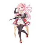  :d arm_up arm_warmers assault_rifle bangs bare_shoulders black_legwear blush bow brown_bow bullpup chihong_de_tianshi commentary_request eyebrows_visible_through_hair fang full_body gun hair_bow head_tilt highres holding holding_gun holding_weapon long_hair looking_at_viewer mary_janes one_side_up open_mouth original pink_hair pleated_skirt red_bow red_eyes red_footwear red_skirt rifle salute shirt shoes skirt sleeveless sleeveless_shirt smile solo standing standing_on_one_leg steyr_aug striped striped_bow thighhighs trigger_discipline very_long_hair weapon white_background white_shirt white_skirt 