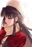  black_hair blue_eyes coat commentary_request fate/stay_night fate_(series) hat long_hair scarf smile snow snowing solo toosaka_rin winter_clothes winter_coat yaoshi_jun 