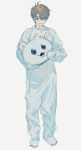  animal_costume blonde_hair blue_eyes commentary_request full_body gloves grey_background highres hirota_tsuu holding looking_at_viewer original paw_gloves paws simple_background sketch smile solo standing 