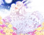  animal_ears azur_lane bangs bare_shoulders blurry blurry_foreground blush bouquet breasts bunny_ears closed_eyes cloud cloudy_sky collarbone commentary_request depth_of_field dress elbow_gloves eyebrows_visible_through_hair flower full_moon fuuna_thise gloves holding holding_bouquet laffey_(azur_lane) leaning_back long_hair moon night night_sky outdoors pleated_dress profile purple_flower rose silver_hair sky small_breasts solo standing star_(sky) starry_sky strapless strapless_dress twintails very_long_hair white_dress white_flower white_gloves white_rose yellow_flower 