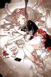  bed black_dress card chino_machiko closed_eyes closed_mouth dress floral_print flower ghost legs_together light_brown_hair lying on_bed on_side original puffy_short_sleeves puffy_sleeves red_flower red_rose rose short_sleeves sleeping socks solo twintails white_flower white_rose 