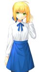  ahoge artoria_pendragon_(all) bangs blonde_hair blouse blue_ribbon blush commentary_request eyebrows_visible_through_hair fate/stay_night fate_(series) green_eyes hair_between_eyes hair_ribbon highres long_sleeves looking_at_viewer lq_saku neck_ribbon pantyhose ribbon saber skirt smile solo 