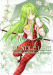  ;) aka_tawashi ascot bangs belt black_footwear blurry blush breasts cane commentary_request cover english eyebrows_visible_through_hair eyes_visible_through_hair feet_out_of_frame flower green_eyes green_hair hair_between_eyes high-waist_pants high_heels highres holding holding_umbrella juliet_sleeves kazami_yuuka kazami_yuuka_(pc-98) large_breasts leg_up long_hair long_sleeves looking_at_viewer one_eye_closed outline pants plaid plaid_pants plaid_vest pocket puffy_sleeves red_pants red_vest shirt sidelocks sleeve_garters smile solo thighs touhou touhou_(pc-98) umbrella very_long_hair vest white_flower white_outline white_shirt wing_collar yellow_neckwear 