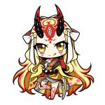  bare_legs barefoot blonde_hair brown_eyes chibi closed_mouth facial_mark fang fang_out fate/grand_order fate_(series) forehead_mark gradient_hair hand_on_hip hand_up head_tilt horns ibaraki_douji_(fate/grand_order) japanese_clothes kimono long_hair long_sleeves looking_at_viewer multicolored_hair off_shoulder oni oni_horns red_hair shachoo. simple_background smile solo standing standing_on_one_leg very_long_hair white_background wide_sleeves yellow_kimono 