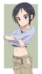  belt black_hair blue_eyes border closed_mouth cowboy_shot eyebrows_visible_through_hair highres kurosaki_honoka midiman navel shirt_lift short_hair simple_background solo standing undressing white_border yama_no_susume 