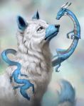  2018 ambiguous_gender blue_eyes blue_fur blue_nose blue_scales canine claws curved_horn digital_media_(artwork) dragon eastern_dragon feral fox fur group horn jademere mammal scales white_fur 