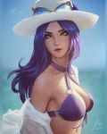  animal_themed_eyewear bikini blurry blurry_background breasts caitlyn_(league_of_legends) cleavage closed_mouth day eyewear_on_headwear from_side front-tie_bikini front-tie_top hat highres large_breasts league_of_legends lips long_hair looking_away looking_to_the_side o-ring o-ring_bikini off_shoulder open_clothes open_shirt pool_party_caitlyn purple_eyes purple_hair raikoart sideways_glance signature solo sun_hat sunglasses swimsuit upper_body watermark wind 