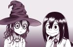  2girls akim_x asobi_asobase asui_tsuyu black_eyes black_hair boku_no_hero_academia close crossover gradient hat long_hair monochrome oka_(asobi_asobase) seifuku tie waifu2x witch_hat 