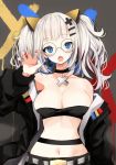  :o arm_at_side armpit_peek bandeau bangs bare_shoulders belt belt_buckle bespectacled black_jacket black_shorts blue_eyes blush breasts buckle choker claw_pose cleavage collarbone commentary cross d-pad d-pad_hair_ornament fingernails glasses hair_ornament hairclip hand_up head_tilt highres jacket kaguya_luna kaguya_luna_(character) large_breasts long_fingernails long_hair looking_at_viewer midriff multicolored multicolored_nails nail_polish naruwe navel off_shoulder open_clothes open_jacket open_mouth ribbon round_eyewear shorts silver_hair solo symbol_commentary twintails upper_body virtual_youtuber wrist_ribbon 