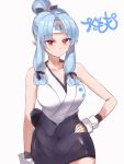  blue_hair commentary_request copyright_name fingerless_gloves gloves hair_bun hand_on_hip headband kiriha_(tsugumomo) long_hair looking_at_viewer pointy_ears red_eyes simple_background sketch smile solo tsugumomo white_background yostxxx 