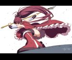  action artist_name bangs black_bow black_legwear blurry blurry_foreground boots bow commentary depth_of_field detached_sleeves dress dust_particles foreshortening frilled_dress frills hair_bow holding holding_weapon letterboxed light_frown long_hair magical_girl mahou_shoujo_madoka_magica one_knee oono_tsutomu open_mouth polearm ponytail red_dress red_eyes red_footwear red_hair sakura_kyouko signature sleeveless sleeveless_dress solo spear standing thighhighs weapon 