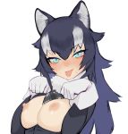  :p animal_ears black_hair blue_eyes blush breasts breasts_outside error eyebrows_visible_through_hair fur_collar gloves grey_wolf_(kemono_friends) hair_between_eyes juz kemono_friends large_breasts long_hair multicolored_hair nipples paw_pose simple_background solo tongue tongue_out two-tone_hair upper_body v-shaped_eyebrows white_background white_gloves white_hair wolf_ears 