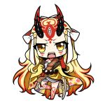  bare_legs barefoot blonde_hair brown_eyes chibi facial_mark fangs fate/grand_order fate_(series) forehead_mark gradient_hair hand_on_hip hand_up head_tilt horns ibaraki_douji_(fate/grand_order) japanese_clothes kimono long_hair long_sleeves looking_at_viewer multicolored_hair off_shoulder oni oni_horns open_mouth red_hair shachoo. simple_background solo standing standing_on_one_leg very_long_hair white_background wide_sleeves yellow_kimono 