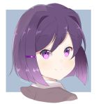  alternate_hair_length alternate_hairstyle artist_name chocomiru commentary doki_doki_literature_club english_commentary eyes_visible_through_hair from_behind hair_ornament hairclip looking_at_viewer looking_back medium_hair portrait purple purple_hair simple_background smile solo yuri_(doki_doki_literature_club) 