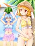  animal_ears beach bikini bikini_skirt blonde_hair blue_hair breasts bunny bunny_ears day food fruit hat holding looking_at_viewer multiple_girls navel neko_mata ringo_(touhou) seiran_(touhou) side-tie_bikini sky swimsuit touhou tree umbrella water watermelon 