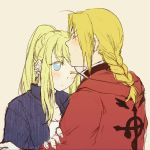  1girl ;| antenna_hair bangs blonde_hair blue_eyes blush braid close-up coat earrings edward_elric empty_eyes expressionless eyebrows_visible_through_hair eyelashes fingernails flamel_symbol forehead_kiss frown fullmetal_alchemist hand_on_another's_arm height_difference jacket jewelry kiss looking_away nervous one_eye_closed pink_background ponytail red_coat shirt simple_background sweatdrop tsukuda0310 upper_body white_shirt winry_rockbell 