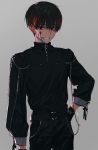 bangs_pinned_back belt black_gloves black_pants black_shirt blood blood_on_face brown_hair chain cowboy_shot earrings gloves grey_background hand_on_hip hirota_tsuu jewelry long_hair looking_at_viewer male_focus original pants shirt simple_background smile solo standing 
