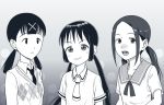  :3 akim_x argyle argyle_sweater asobi_asobase bangs black_hair blush breasts chio-chan_no_tsuugakuro circle collarbone crossover expressionless flat_chest gradient gradient_background greyscale hair_ornament honda_hanako itou_hikari long_sleeves low_twintails medium_breasts monochrome multiple_crossover multiple_girls necktie nonomura_manana sailor_collar school_uniform serafuku shiny shiny_hair shirt short_sleeves sidelocks simple_background sweater trait_connection twintails upper_body vest watashi_ga_motenai_no_wa_dou_kangaetemo_omaera_ga_warui! x_hair_ornament 