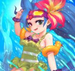  :d air_bubble blue_hair bow breasts bubble fish flower frilled_swimsuit frills goggles goggles_on_head green_eyes hair_flower hair_ornament hand_up heterochromia highres league_of_legends long_hair looking_at_viewer open_mouth pd_(pdpdlv1) pool_party_zoe purple_bow purple_eyes rubber_duck scrunchie small_breasts smile swimsuit underwater upper_body very_long_hair water wristband zoe_(league_of_legends) 