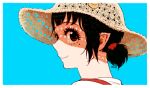  1girl alternate_costume alternate_hairstyle black_hair blue_background hat hoozuki_no_reitetsu horns looking_at_viewer mole mole_under_eye oni_horns peach_maki shadow short_hair simple_background smile solo yasoji_(16321578) 