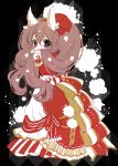  big_hair blush bow brown_hair chino_machiko covering_mouth dress frilled_dress frills hair_between_eyes hair_bow hands_up long_hair long_sleeves looking_at_viewer original purple_eyes red_bow red_dress solo standing twintails 