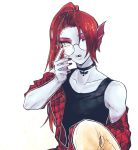  anthro blue_skin clothing collar colored_nails eyewear fish glasses hair long_hair marine one_eye_closed ponytail red_hair shirt simple_background tank_top undertale undyne video_games whan white_background yellow_eyes 