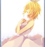  akiyoshi_(tama-pete) bare_arms bare_shoulders blonde_hair closed_eyes crying dress dutch_angle floating_hair gradient grey_background hair_ribbon hands_on_own_chest hands_together happy kagamine_rin light_smile open_mouth profile ribbon short_hair simple_background sleeveless sleeveless_dress solo striped striped_background tears upper_body vertical-striped_background vertical_stripes vocaloid white_background white_dress 