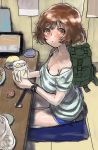  akiyama_yukari bare_shoulders blush bra_strap breasts brown_eyes brown_hair chopstick_rest chopsticks cleavage commentary_request girls_und_panzer highres looking_at_viewer medium_breasts sabuko_(pooooo) seiza short_hair sitting sketch solo thighs 