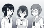  3girls ahoge akim_x asobi_asobase bangs black_hair braid breasts chio-chan_no_tsuugakuro circle collarbone crossover glasses gradient gradient_background greyscale hair_between_eyes komiyama_kotomi large_breasts long_sleeves miyamo_chio monochrome multiple_crossover multiple_girls necktie nomura_kasumi sailor_collar school_uniform serafuku shiny shiny_hair shirt short_hair short_sleeves sidelocks simple_background small_breasts smile surprised trait_connection upper_body vest watashi_ga_motenai_no_wa_dou_kangaetemo_omaera_ga_warui! 