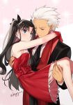  1girl archer black_hair blue_eyes blush breasts carrying closed_eyes commentary_request dark_skin dark_skinned_male dress fate/stay_night fate_(series) formal hair_ribbon long_hair necktie ribbon suit toosaka_rin two_side_up white_hair yaoshi_jun 