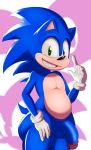  anthro balls big_butt blue_fur butt circumcised clothing fur gloves green_eyes hedgehog jerseydevil looking_at_viewer male mammal penis smile solo sonic_(series) sonic_the_hedgehog 