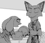  2018 anthro black_and_white blush buckteeth canine carrot cheek_tuft clothed clothing dipstick_ears disney duo female food fox fruit greyscale hi_res holding_food holding_object judy_hopps lagomorph male mammal melon monochrome necktie nick_wilde rabbit smile teeth thewyvernsweaver tuft vegetable zootopia 