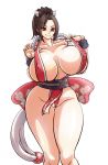  1girl black_hair breasts brown_eyes curvy fatal_fury female groin huge_breasts long_hair long_ponytail ponytail shiranui_mai simple_background solo the_king_of_fighters thigh_gap thighs white_background wide_hips wrato 