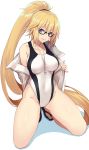  bare_shoulders black-framed_eyewear blonde_hair blue_eyes collarbone competition_swimsuit covered_navel fate/grand_order fate_(series) flip-flops glasses highres jacket jeanne_d'arc_(fate)_(all) jeanne_d'arc_(swimsuit_archer) kneeling long_hair looking_to_the_side one-piece_swimsuit ponytail sandals shadow solo spread_legs sukebewe swimsuit very_long_hair whistle whistle_around_neck white_background 