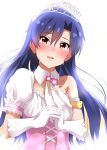  arm_strap ascot asymmetrical_sleeves blue_hair blush brown_eyes choker collarbone crying crying_with_eyes_open diadem eyebrows_visible_through_hair floating_hair gloves hair_between_eyes head_tilt idolmaster idolmaster_(classic) kisaragi_chihaya lieass long_hair open_mouth simple_background solo tears upper_body very_long_hair white_background white_gloves white_neckwear 