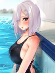 absurdres back blue_eyes blush breasts collarbone competition_swimsuit from_side hair_ornament hairclip hamakaze_(kantai_collection) highres kantai_collection large_breasts lens_flare looking_at_viewer one-piece_swimsuit parted_lips partially_submerged pool sarfata short_hair sideboob silver_hair sitting smile solo sparkle swimsuit upper_body wet 