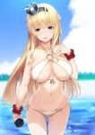  alternate_costume bare_shoulders beach bikini blonde_hair blue_eyes blurry blurry_background blush bottle braid breasts cleavage collarbone commentary_request cowboy_shot crown day eyebrows_visible_through_hair french_braid groin hair_between_eyes holding holding_bottle kantai_collection large_breasts long_hair looking_at_viewer meth_(emethmeth) mini_crown navel o-ring o-ring_top open_mouth outdoors scrunchie side-tie_bikini signature solo stomach swimsuit thighs tilted_headwear warspite_(kantai_collection) wet white_bikini wrist_scrunchie 