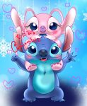  &lt;3 2016 4_fingers 4_toes alien angel_(lilo_&amp;_stitch) antennae blue_claws blue_eyes blue_fur blue_nose blue_pawpads blue_tongue blush chest_tuft claws cute disney duo experiment_(species) eyelashes fur hand_on_head head_tuft japanese_text lilo_and_stitch looking_at_viewer muuiera1012 notched_ear on_shoulders open_mouth open_smile pawpads pink_fur purple_nose signature smile snowflake standing stitch text toes tuft 
