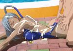  1girl arms_up ass ass_grab back bare_arms bare_shoulders blue_swimsuit breast_press breasts buttjob censored clothed_female_nude_male code_geass cum cum_on_body cum_on_breasts cum_on_clothes cum_on_hair cum_on_upper_body dark_skin facial floor grey_hair half-closed_eyes highres kneeling kyabakurabakufu large_breasts legs long_hair looking_back lying mosaic_censoring nude on_stomach outdoors penis pool solo_focus sweat swimsuit thighs villetta_nu water whistle yellow_eyes 